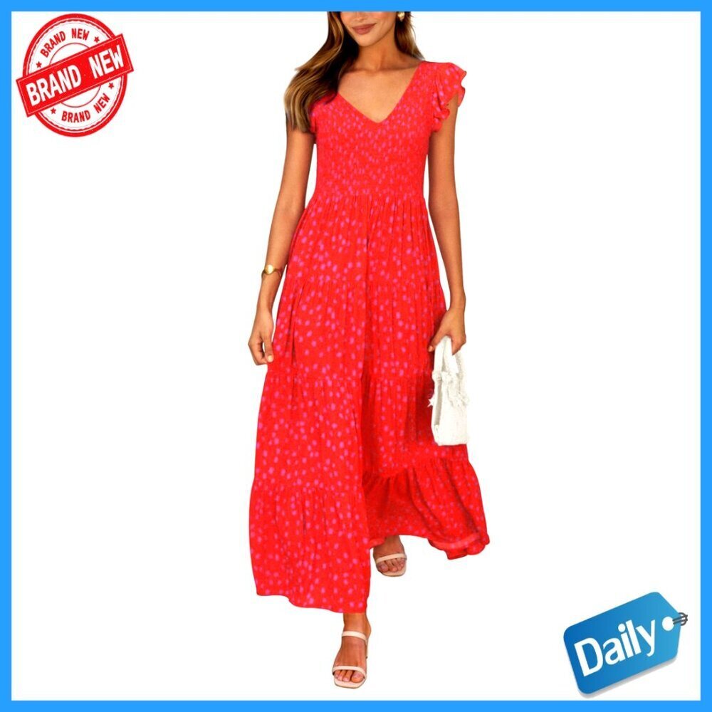 Summer Maxi Dress V Neck Cap Sleeve Smocked Beach Sundress Flowy Casual